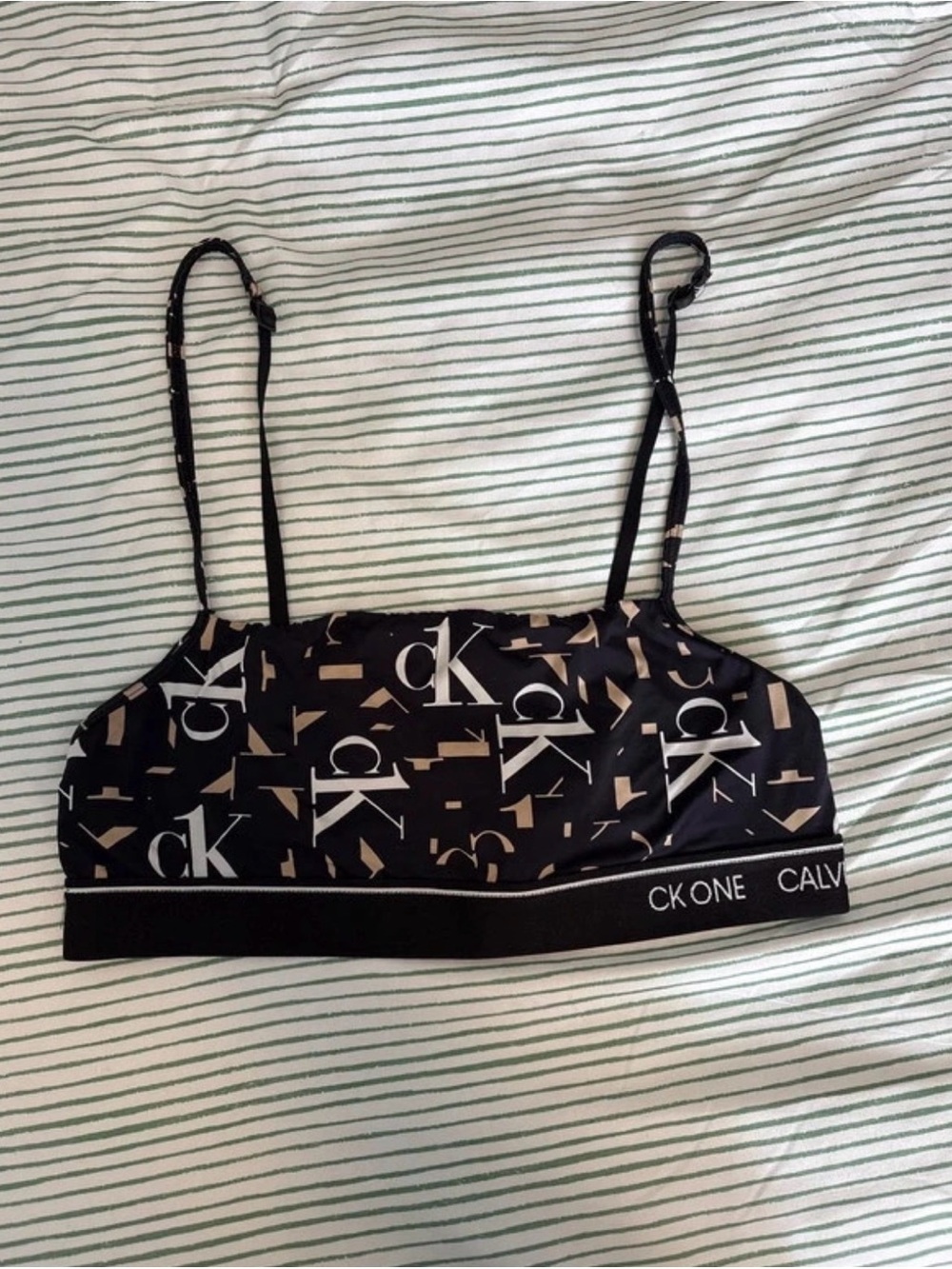 Calvin Klein Black and Beige Logo Print Bralette